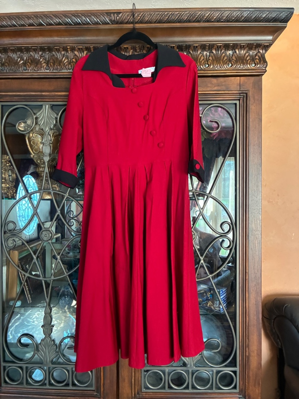 Red Midi Fit-and-Flare Dress with Black Collar and Cuffs